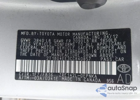 2012 Toyota Corolla Le from USA, damaged, VIN 2T1BU4EE3CC840857